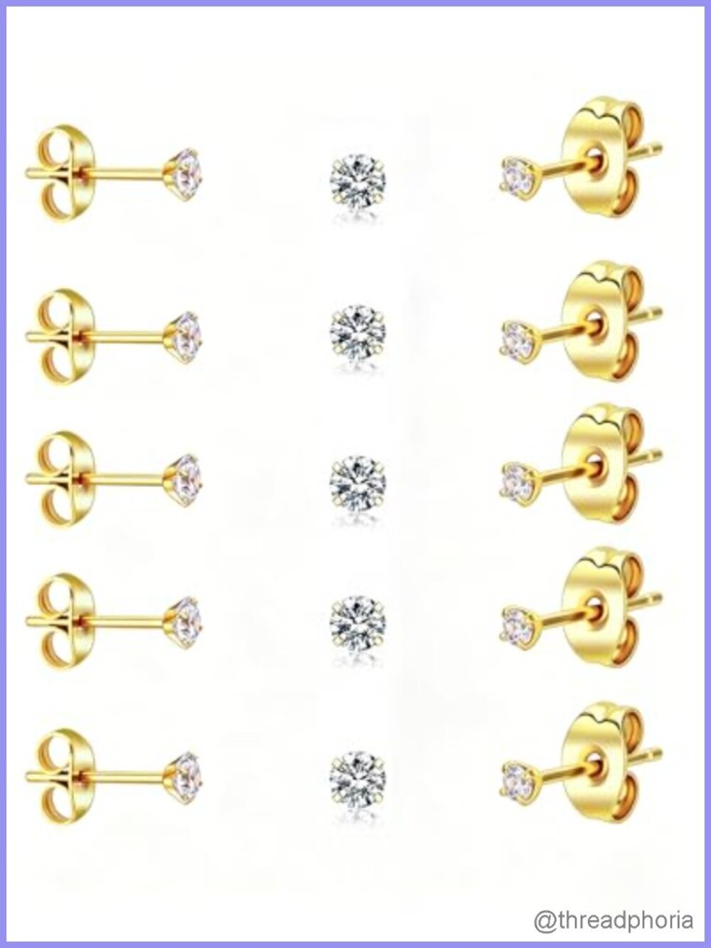 5 Pairs Stud Earrings 2mm CZ 14K Gold Plated Surgical Steel 20G